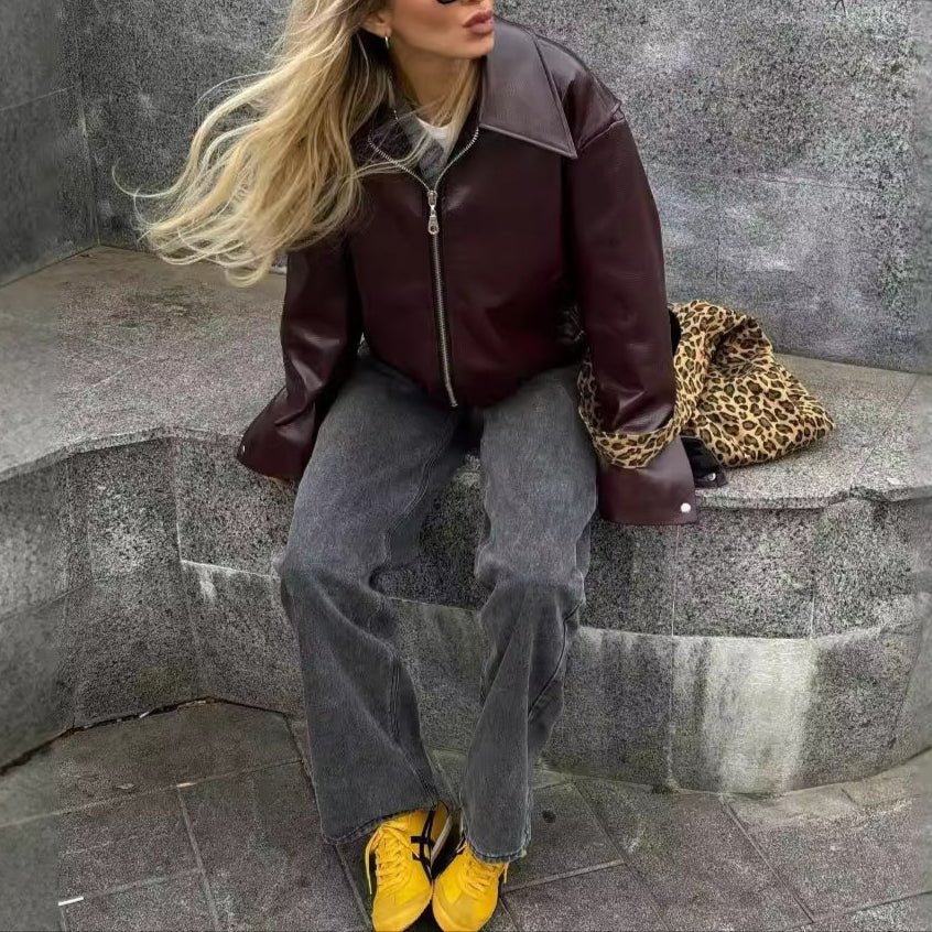 Solid Color Lapel Zipper Jacket Fashion Casual Long Sleeve Leather Coat Tops Women Clothing - AmiraMart