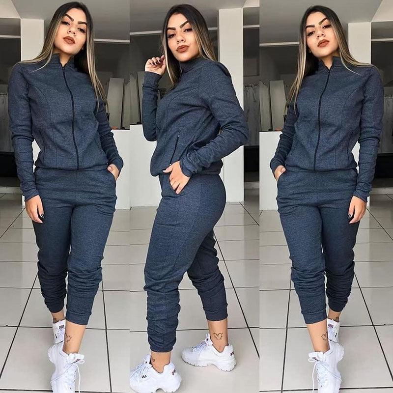 Solid Color Long Sleeve Pants Suit - AmiraMart