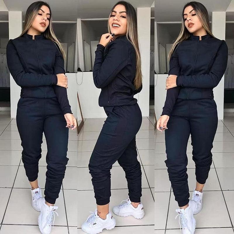 Solid Color Long Sleeve Pants Suit - AmiraMart