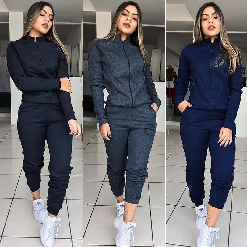 Solid Color Long Sleeve Pants Suit - AmiraMart