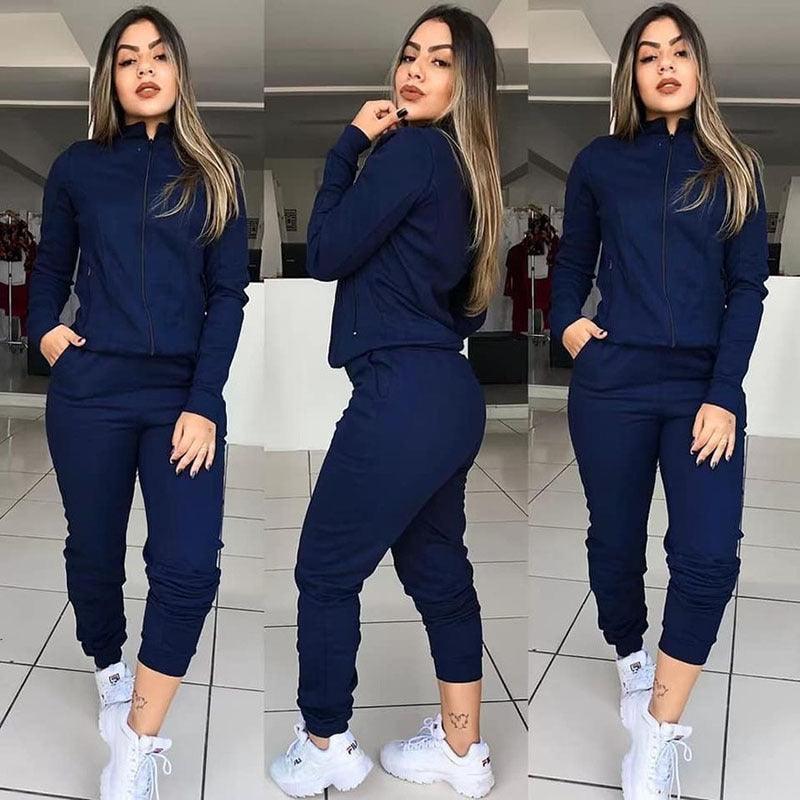 Solid Color Long Sleeve Pants Suit - AmiraMart