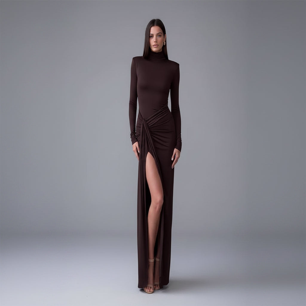 Solid Color Long Sleeve Slit Maxi Dress - AmiraMart