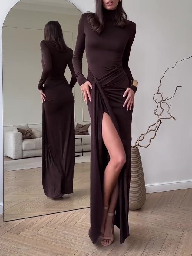 Solid Color Long Sleeve Slit Maxi Dress - AmiraMart