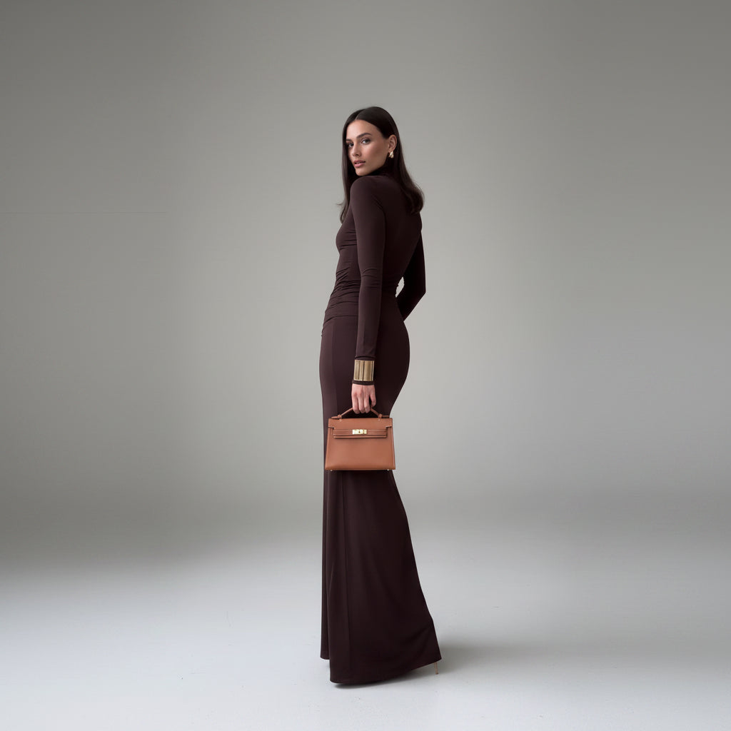 Solid Color Long Sleeve Slit Maxi Dress - AmiraMart