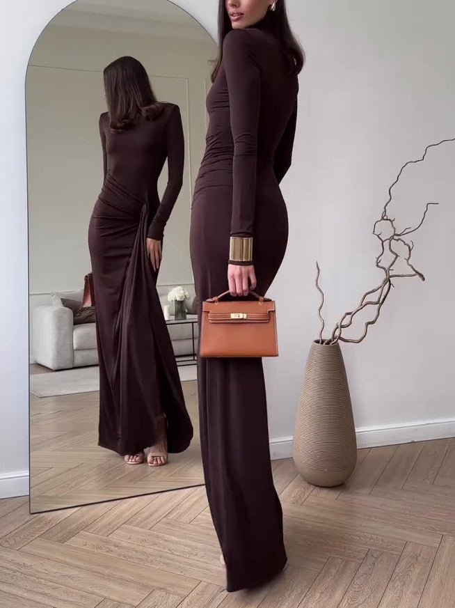 Solid Color Long Sleeve Slit Maxi Dress - AmiraMart