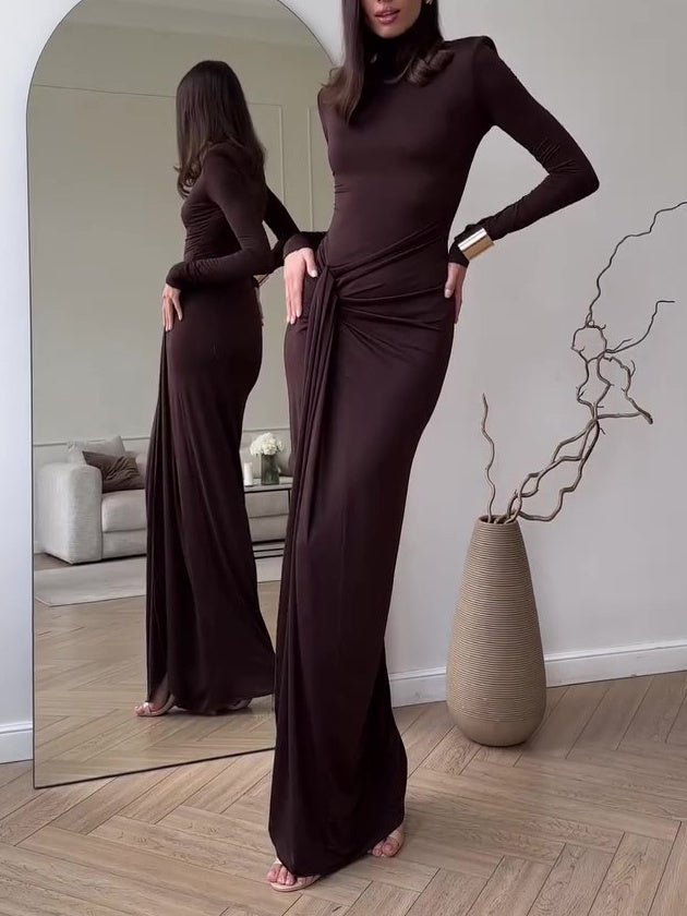 Solid Color Long Sleeve Slit Maxi Dress - AmiraMart
