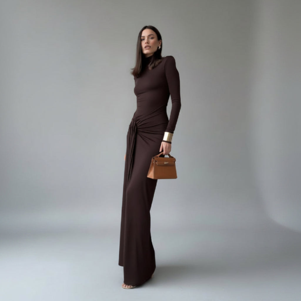 Solid Color Long Sleeve Slit Maxi Dress - AmiraMart
