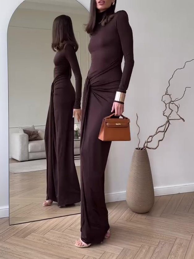 Solid Color Long Sleeve Slit Maxi Dress - AmiraMart