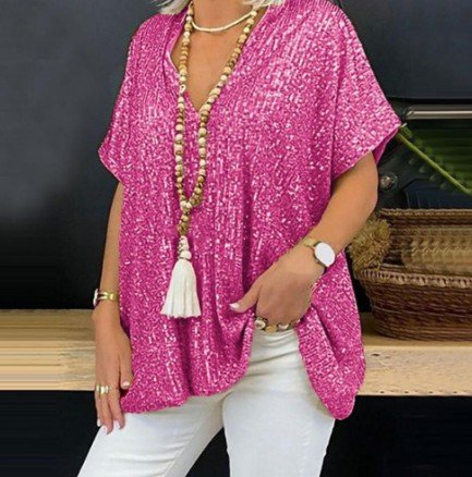 Solid Color Loose Pullover Sequin T-shirt - AmiraMart