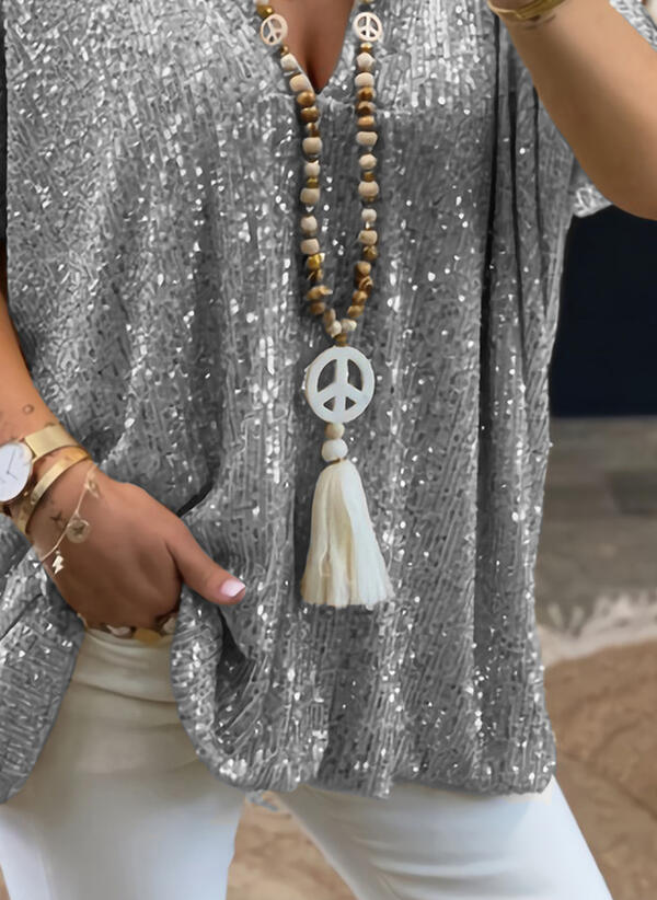 Solid Color Loose Pullover Sequin T-shirt - AmiraMart