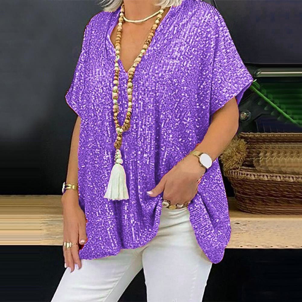 Solid Color Loose Pullover Sequin T-shirt - AmiraMart
