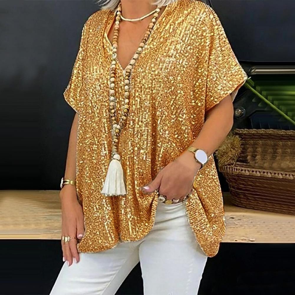 Solid Color Loose Pullover Sequin T-shirt - AmiraMart