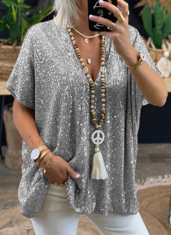 Solid Color Loose Pullover Sequin T-shirt - AmiraMart