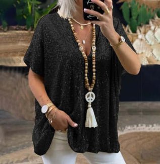 Solid Color Loose Pullover Sequin T-shirt - AmiraMart