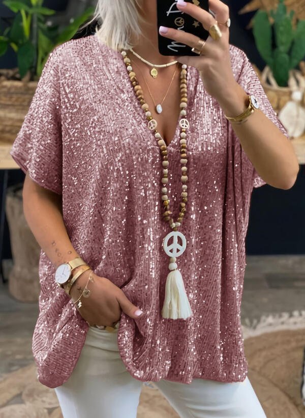 Solid Color Loose Pullover Sequin T-shirt - AmiraMart