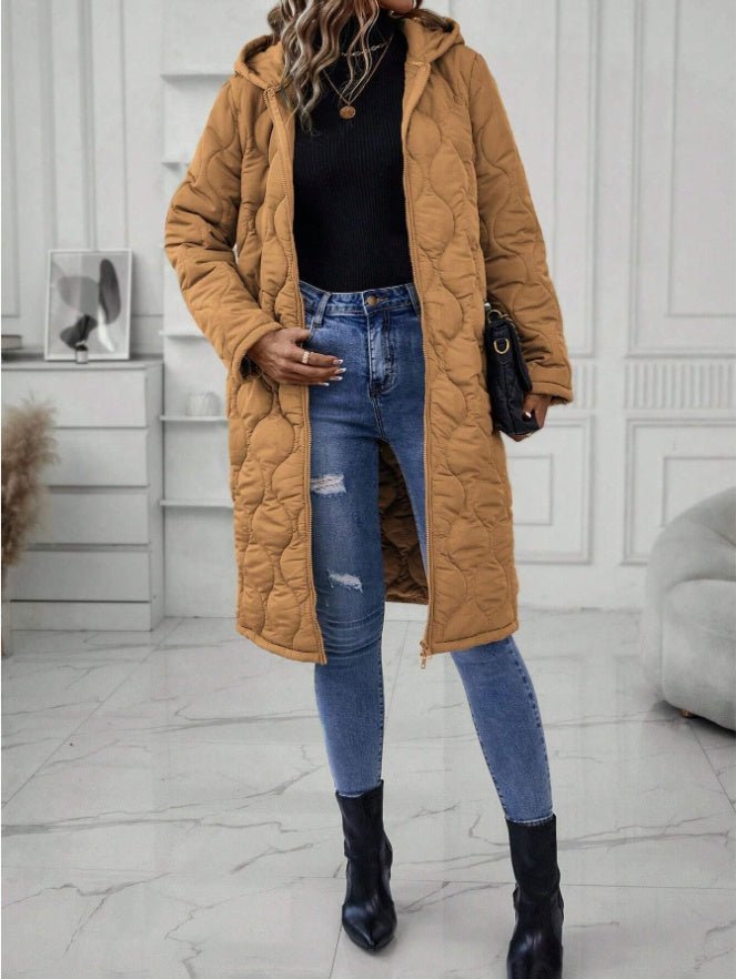 Solid Color Padded Coat with Hood - Women's Winter Zip Jacket - AmiraMart