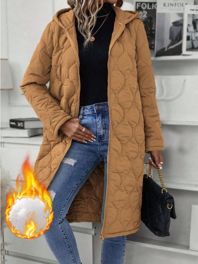 Solid Color Padded Coat with Hood - Women's Winter Zip Jacket - AmiraMart