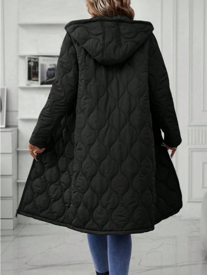 Solid Color Padded Coat with Hood - Women's Winter Zip Jacket - AmiraMart