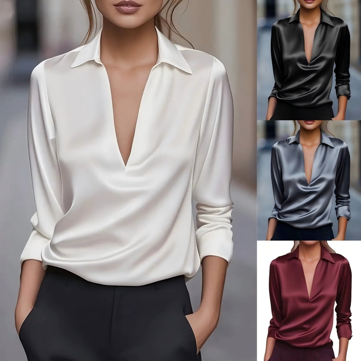 Solid Color Simple V - neck Shirt Long Sleeve Shirt - AmiraMart