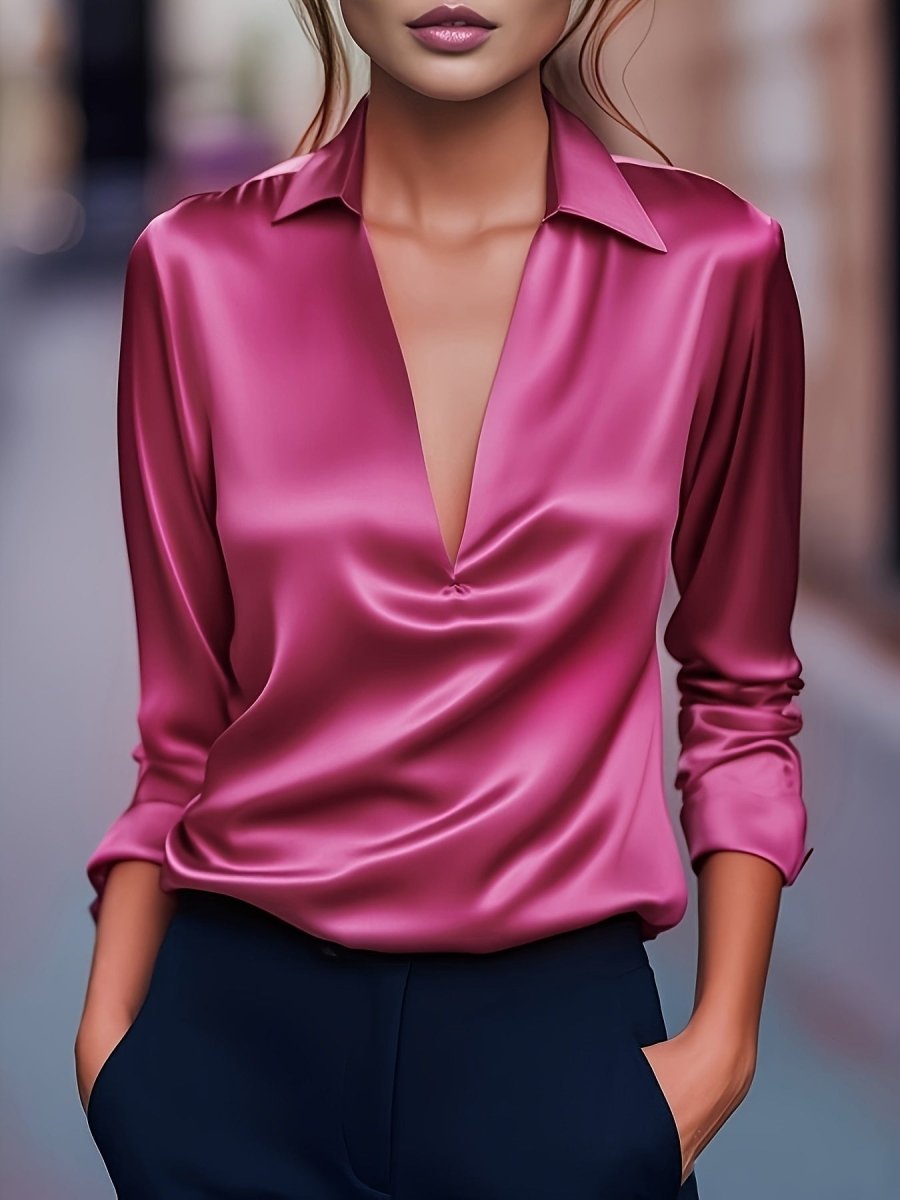 Solid Color Simple V-neck Shirt Long Sleeve Shirt - AmiraMart