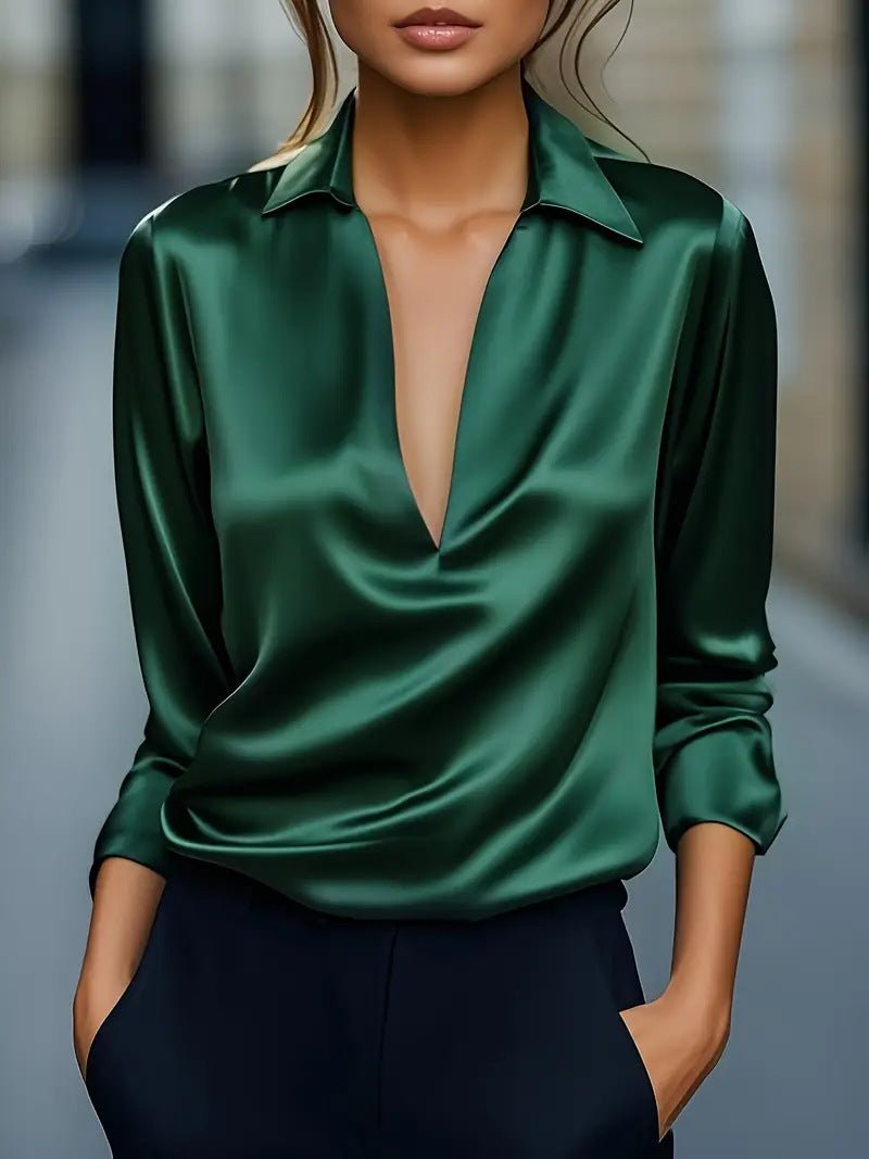 Solid Color Simple V - neck Shirt Long Sleeve Shirt - AmiraMart