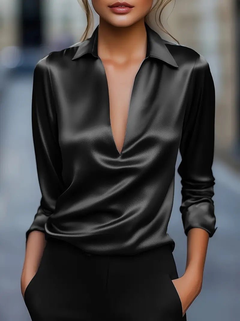 Solid Color Simple V-neck Shirt Long Sleeve Shirt - AmiraMart