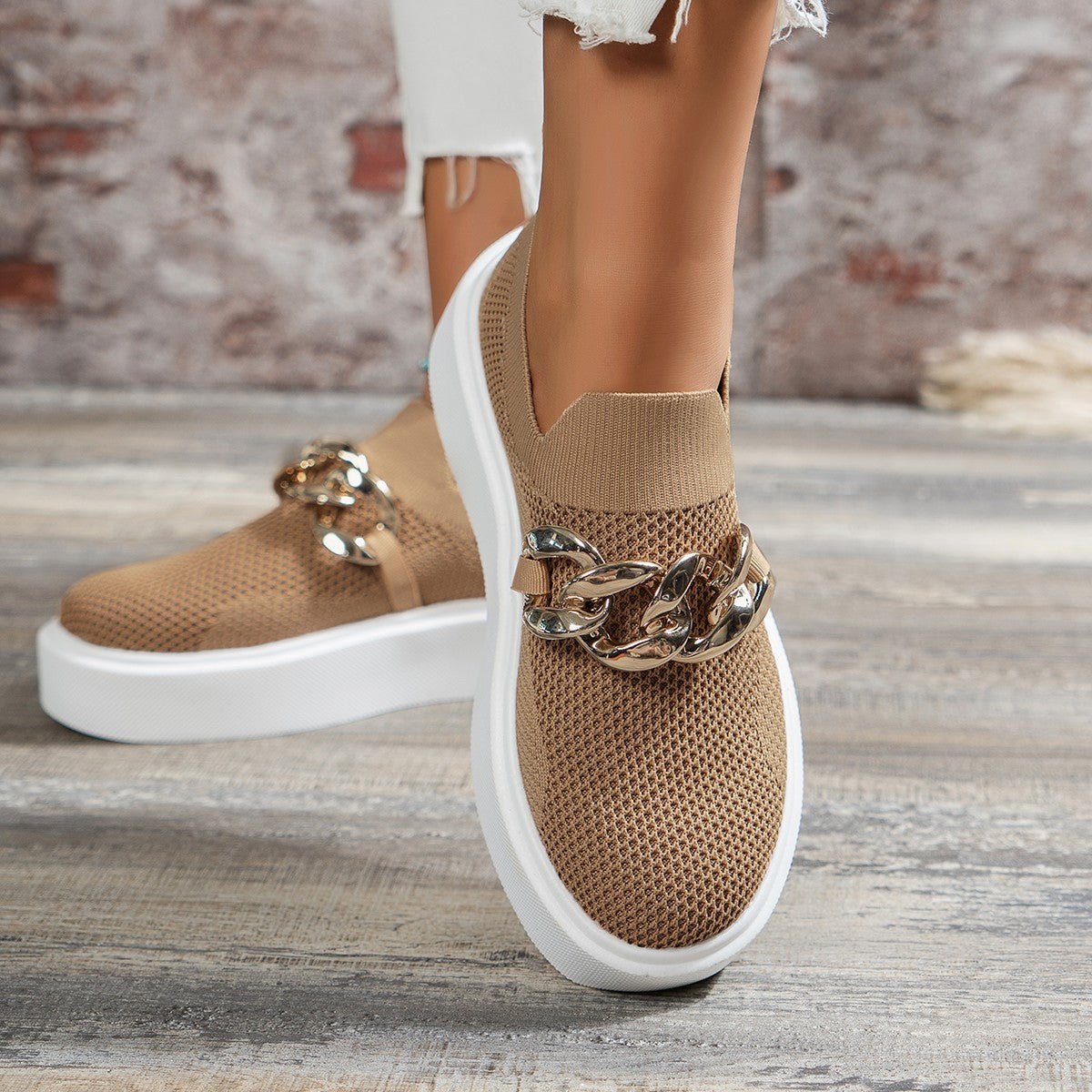 Spring And Autumn New Thick Bottom Shallow Mouth Knitted Mesh Chain Outer Wear Casual Women's Shoes - AmiraMart