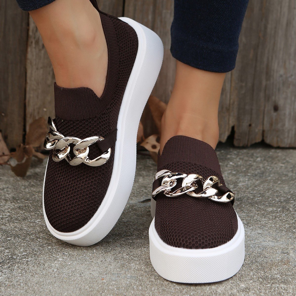 Spring And Autumn New Thick Bottom Shallow Mouth Knitted Mesh Chain Outer Wear Casual Women's Shoes - AmiraMart