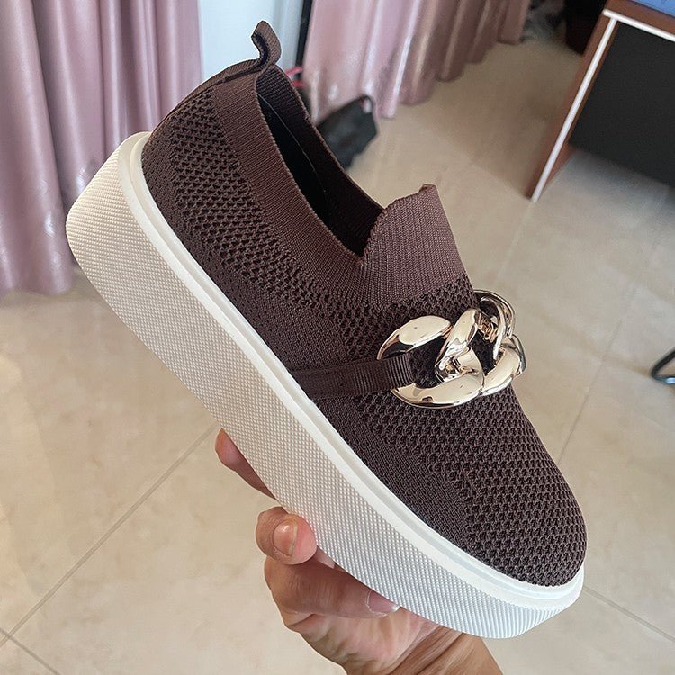 Spring And Autumn New Thick Bottom Shallow Mouth Knitted Mesh Chain Outer Wear Casual Women's Shoes - AmiraMart