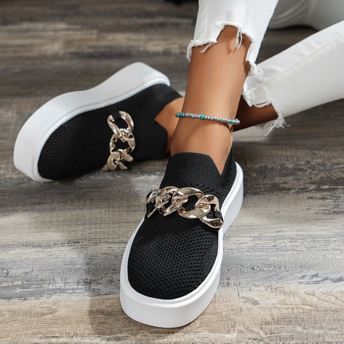 Spring And Autumn New Thick Bottom Shallow Mouth Knitted Mesh Chain Outer Wear Casual Women's Shoes - AmiraMart