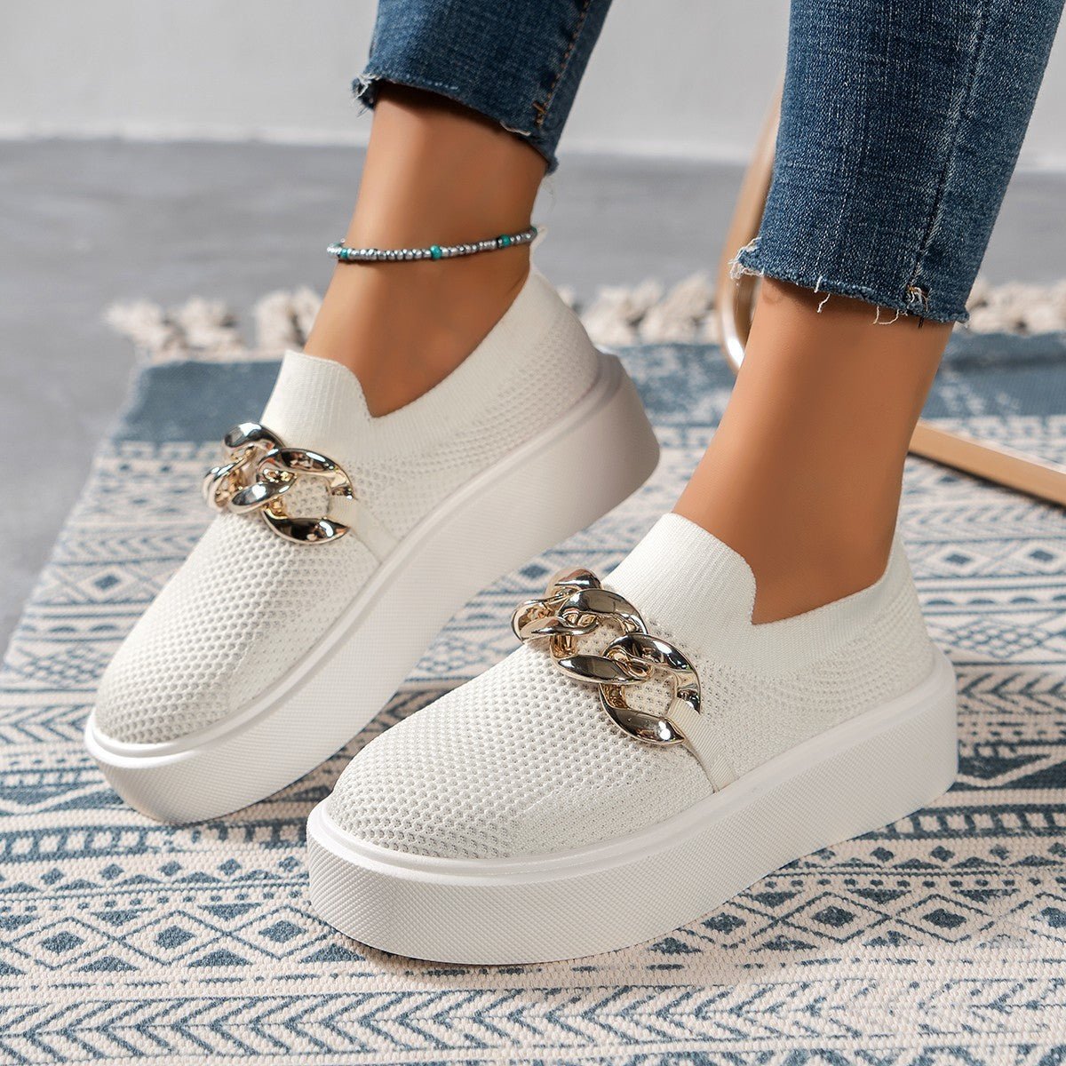 Spring And Autumn New Thick Bottom Shallow Mouth Knitted Mesh Chain Outer Wear Casual Women's Shoes - AmiraMart