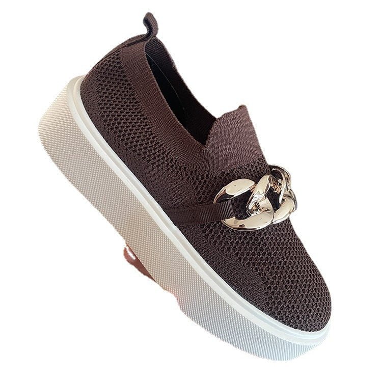 Spring And Autumn New Thick Bottom Shallow Mouth Knitted Mesh Chain Outer Wear Casual Women's Shoes - AmiraMart