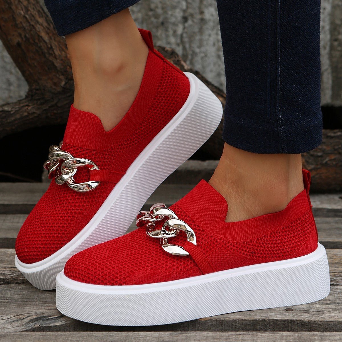 Spring And Autumn New Thick Bottom Shallow Mouth Knitted Mesh Chain Outer Wear Casual Women's Shoes - AmiraMart