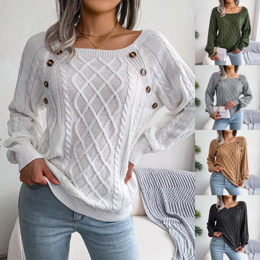 Square Neck Button Twist Knitting Sweater - AmiraMart