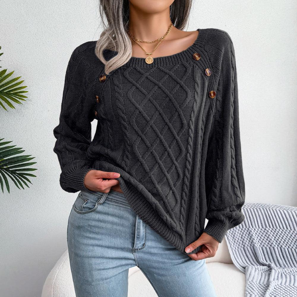 Square Neck Button Twist Knitting Sweater - AmiraMart