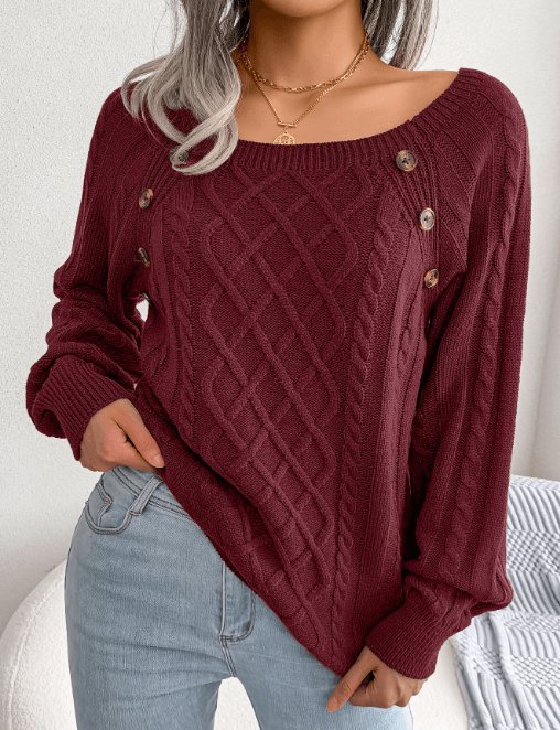 Square Neck Button Twist Knitting Sweater - AmiraMart