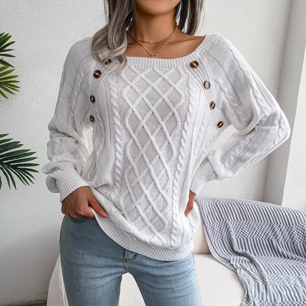 Square Neck Button Twist Knitting Sweater - AmiraMart