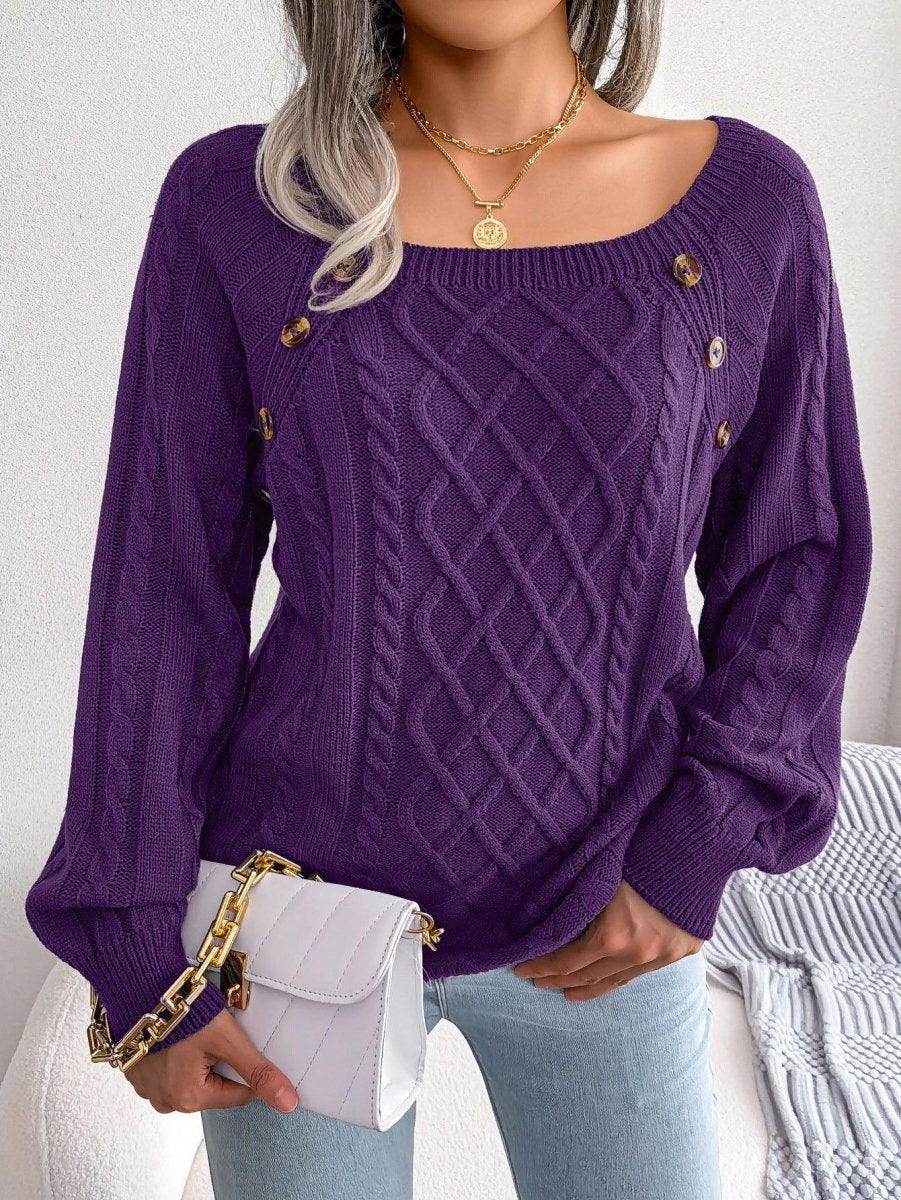 Square Neck Button Twist Knitting Sweater - AmiraMart