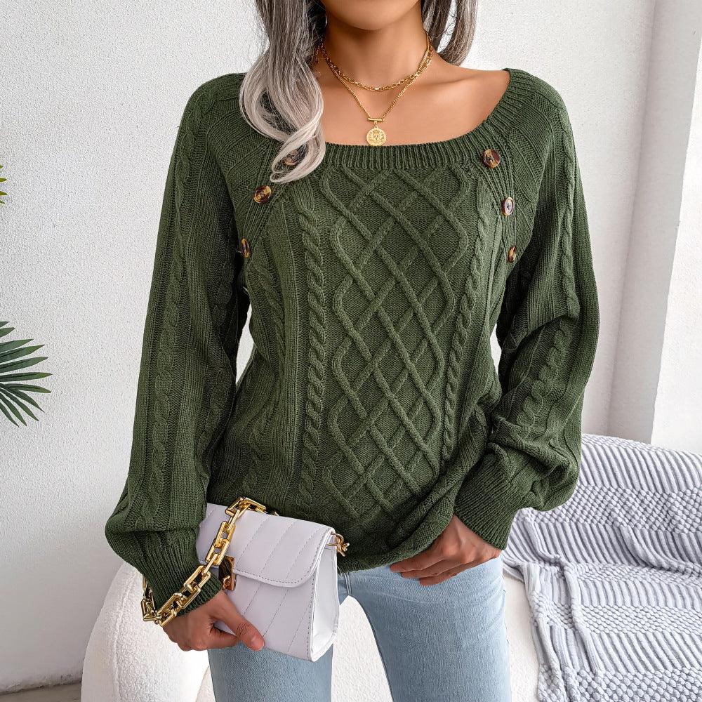 Square Neck Button Twist Knitting Sweater - AmiraMart