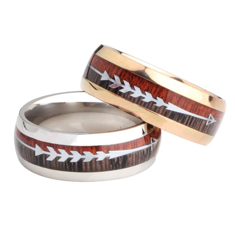 Stainless Steel Wood Grain Arrow Inlaid Ring - AmiraMart