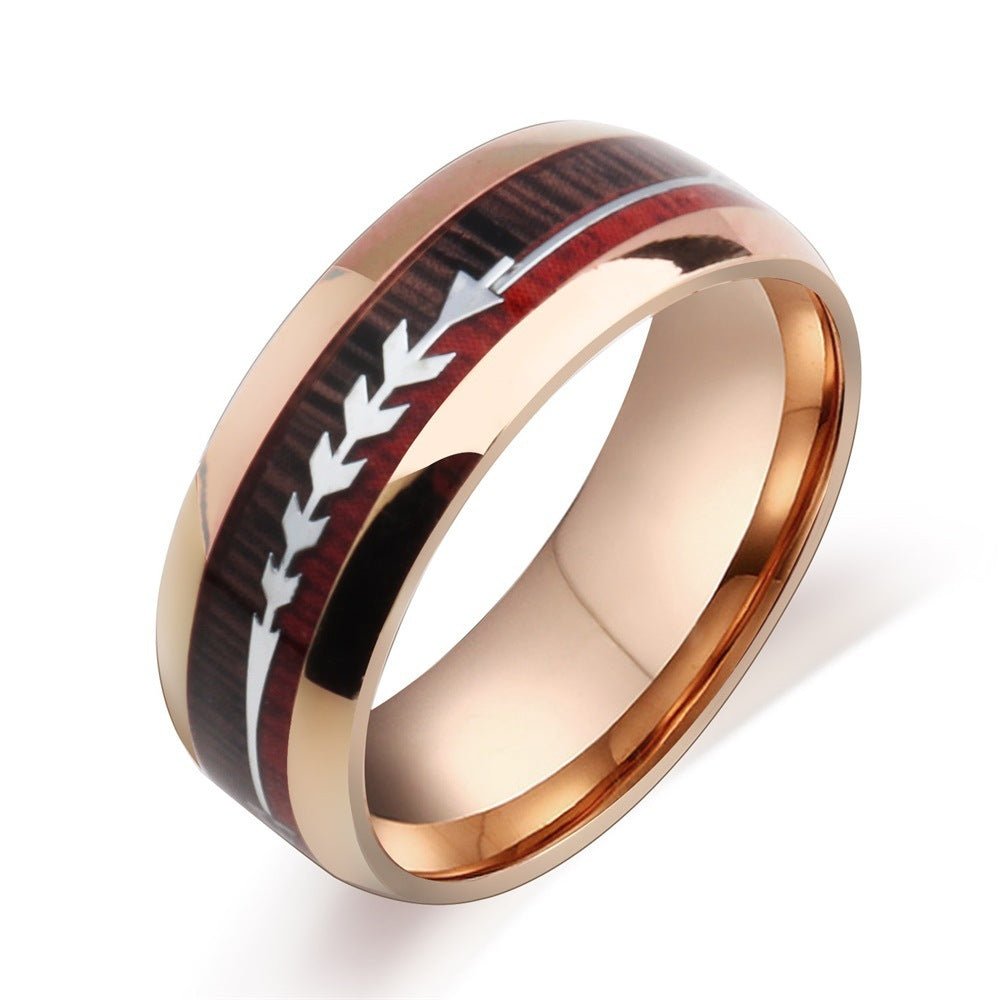 Stainless Steel Wood Grain Arrow Inlaid Ring - AmiraMart