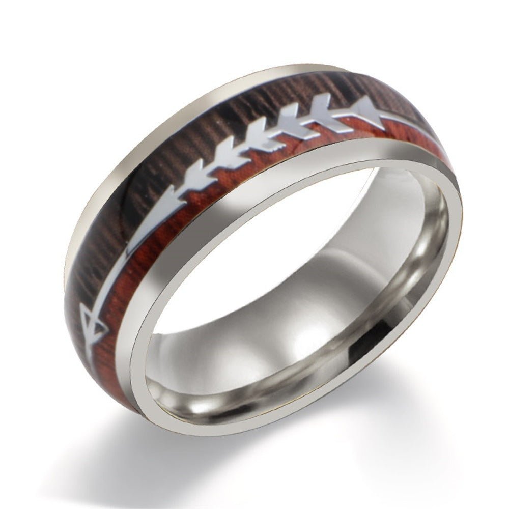 Stainless Steel Wood Grain Arrow Inlaid Ring - AmiraMart
