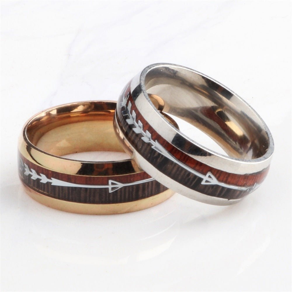 Stainless Steel Wood Grain Arrow Inlaid Ring - AmiraMart