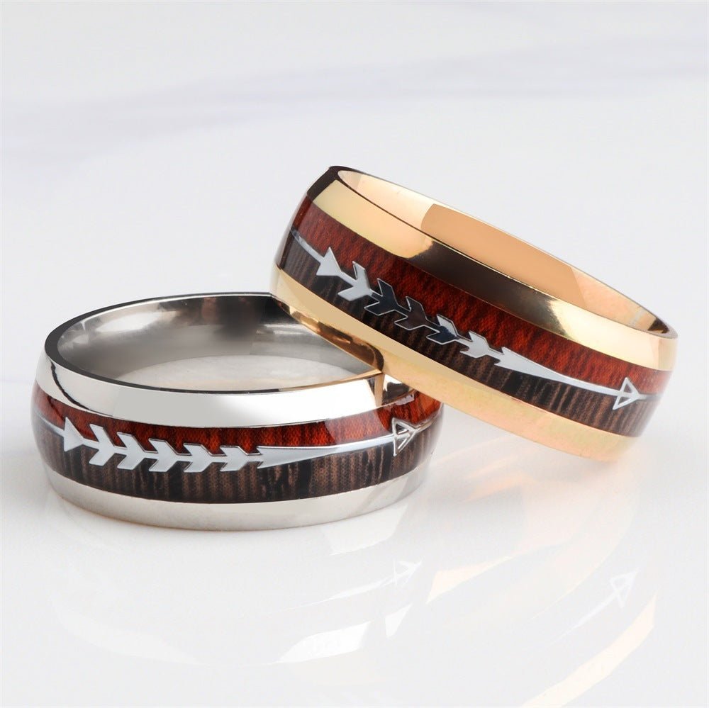 Stainless Steel Wood Grain Arrow Inlaid Ring - AmiraMart