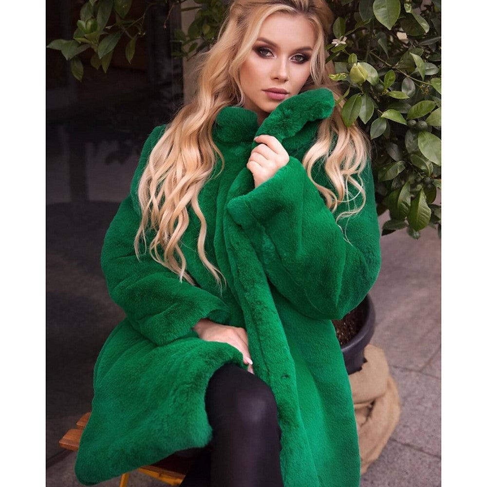 Stand - up Collar Winter Faux Fur Coat Mid - length - AmiraMart