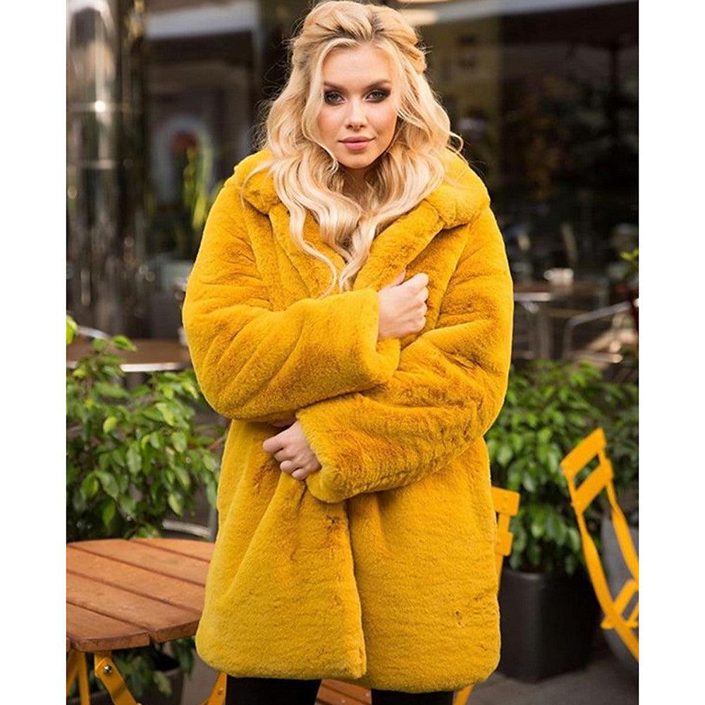 Stand - up Collar Winter Faux Fur Coat Mid - length - AmiraMart