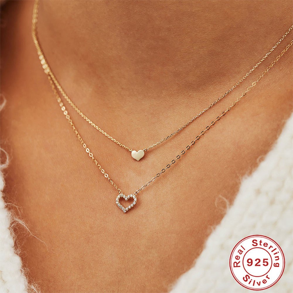 Sterling Silver Double Heart Diamond Clavicle Necklace - AmiraMart