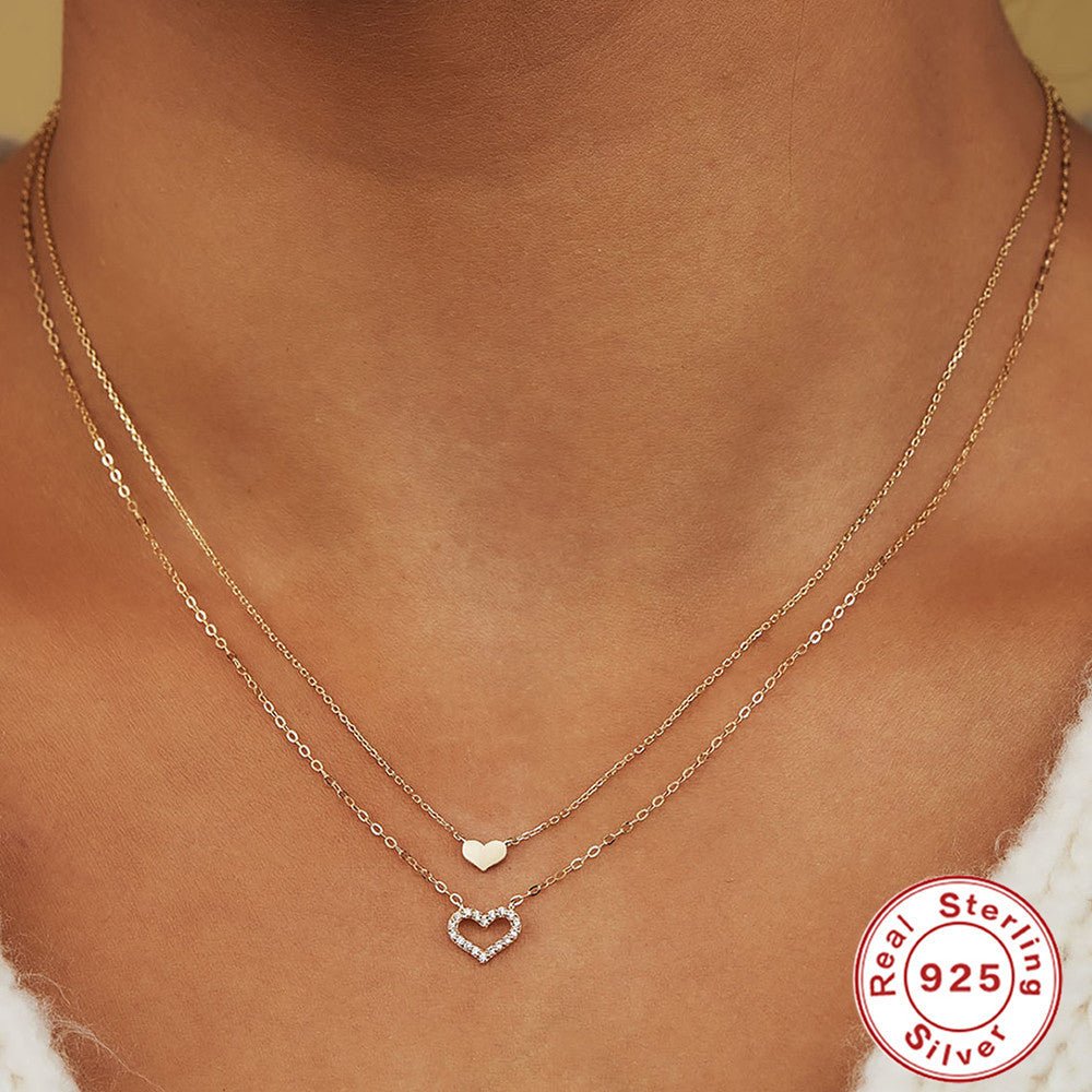 Sterling Silver Double Heart Diamond Clavicle Necklace - AmiraMart