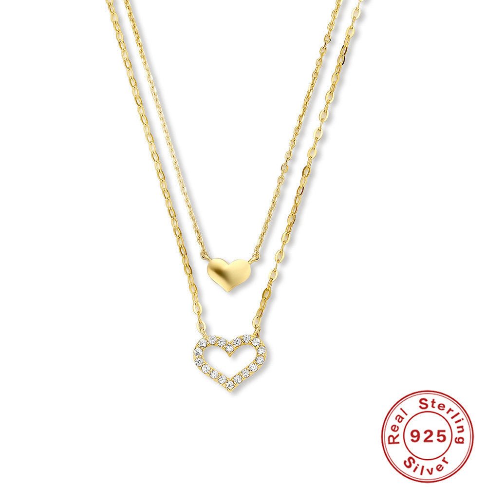 Sterling Silver Double Heart Diamond Clavicle Necklace - AmiraMart
