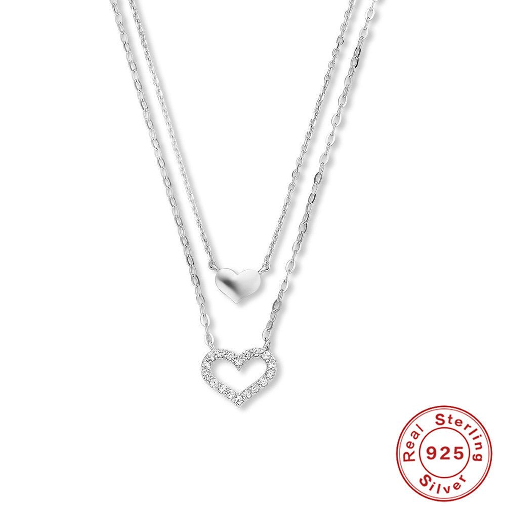 Sterling Silver Double Heart Diamond Clavicle Necklace - AmiraMart